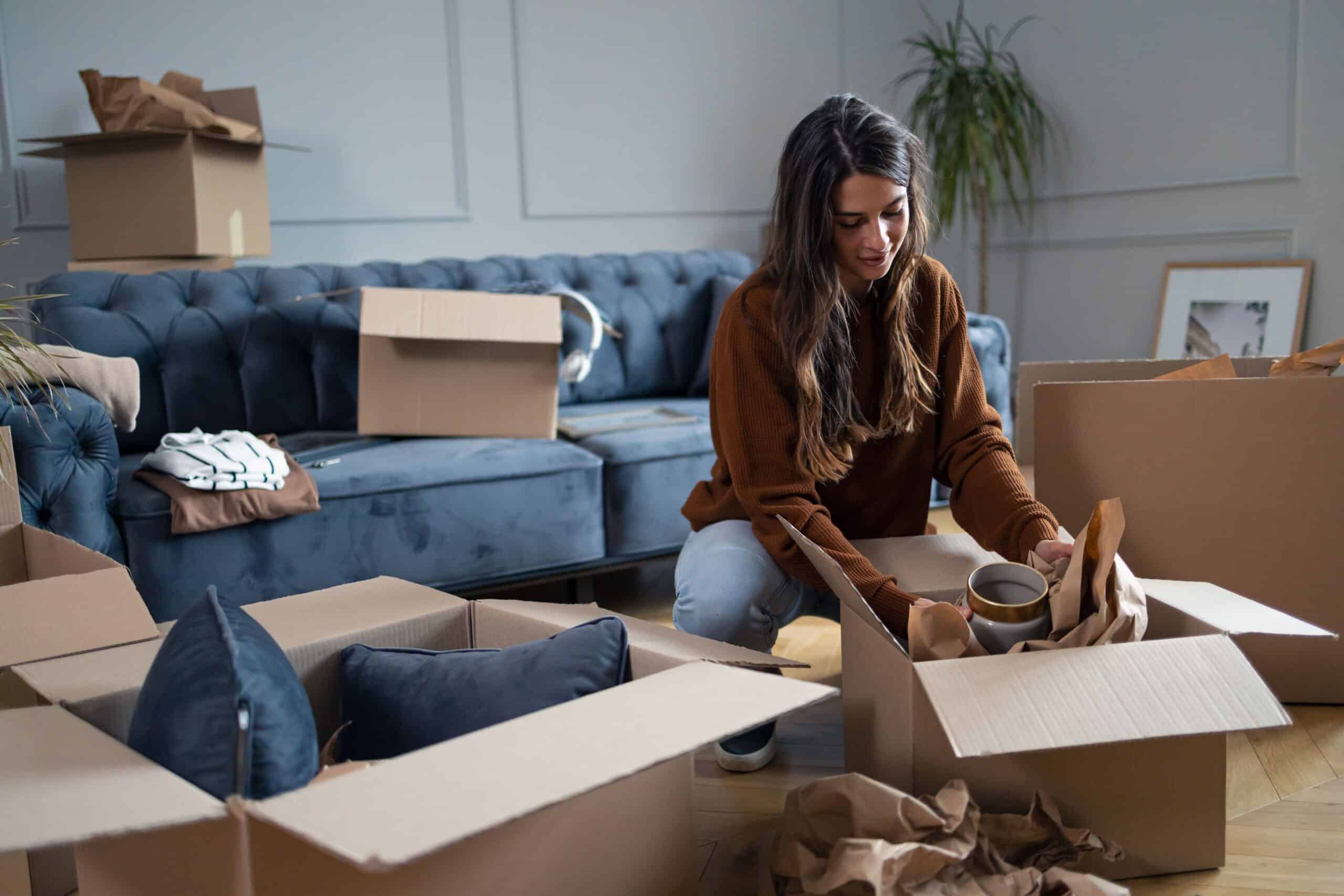 A woman is packing things for moving.