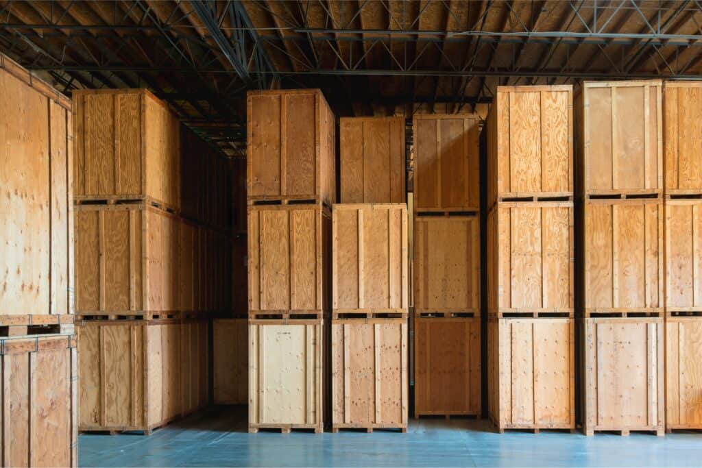Storage facility full of wooden storage crates